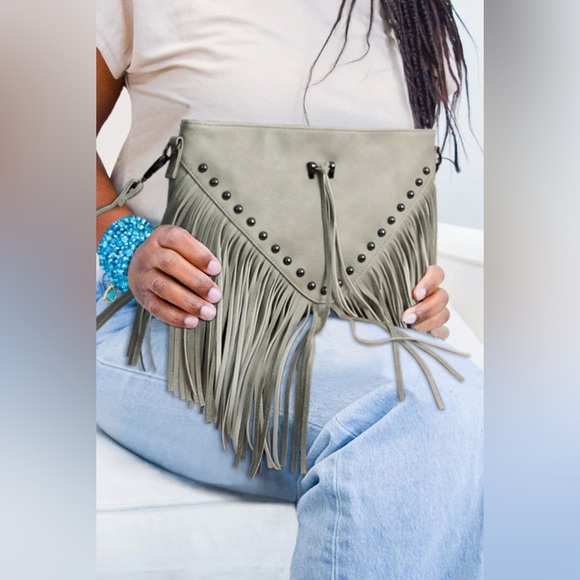 Grey Rivet Fringe Tassel Leatherette Crossbody Bag - Picture 2 of 3